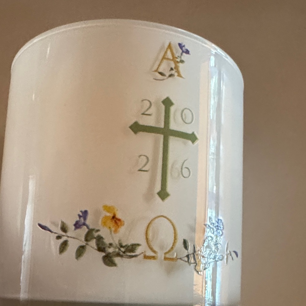 White Paschal Candle with Green Cross and Gold Accents
